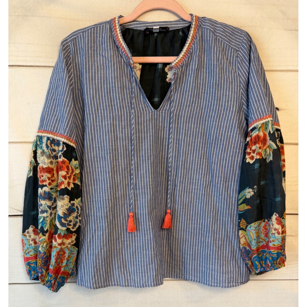 Johnny Was Workshop Blue Striped Floral Silk Mixed Media Blouse XS W18219-4